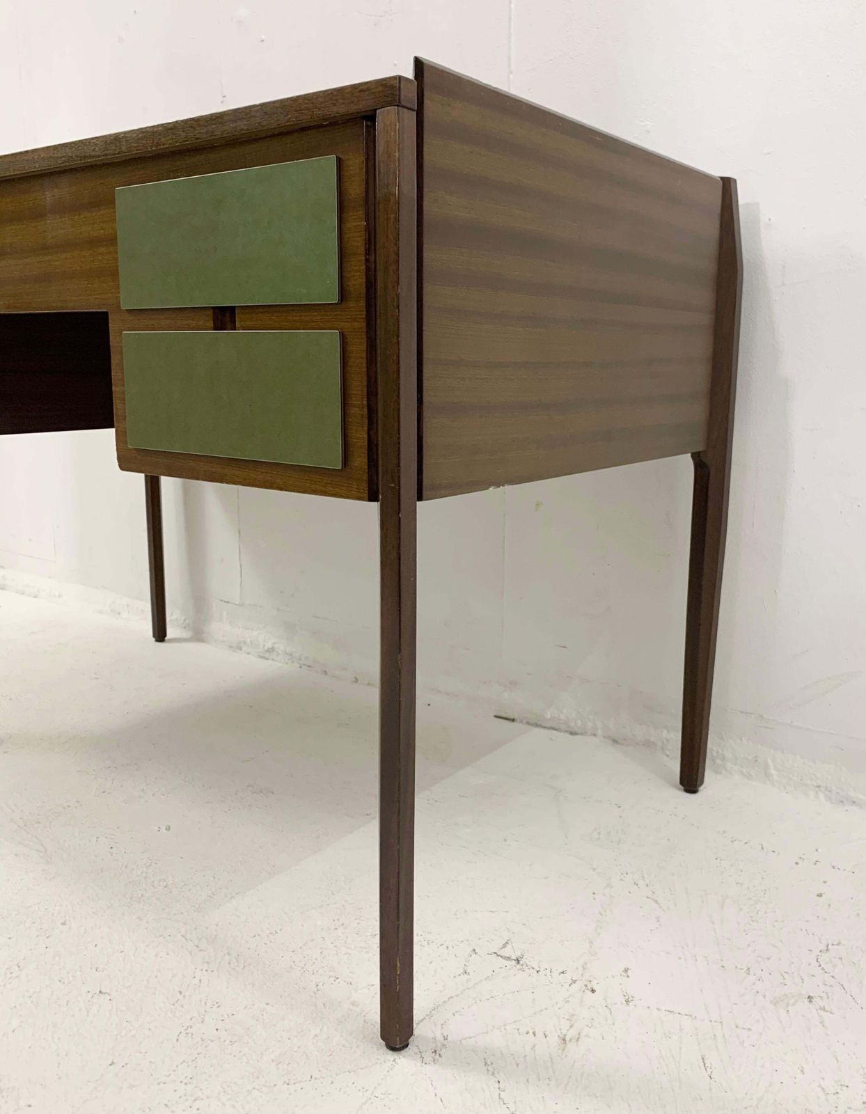 Mid Century Modern Wooden Italian Desk With 4 Green Drawers photo for sale