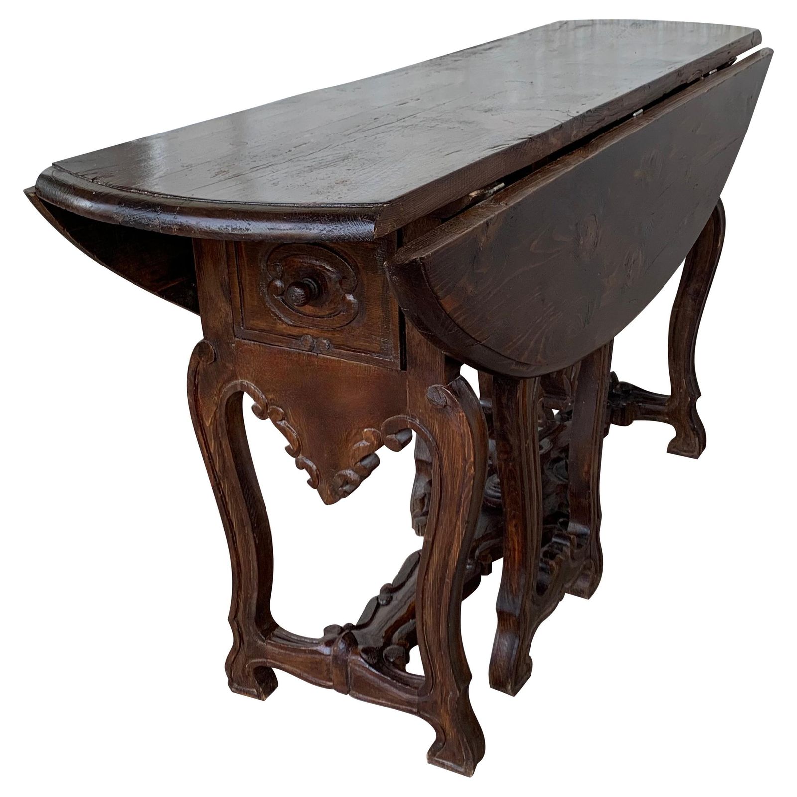 18th Century Carved Oak Gateleg Oval Table With Drawers And Lyre Legs