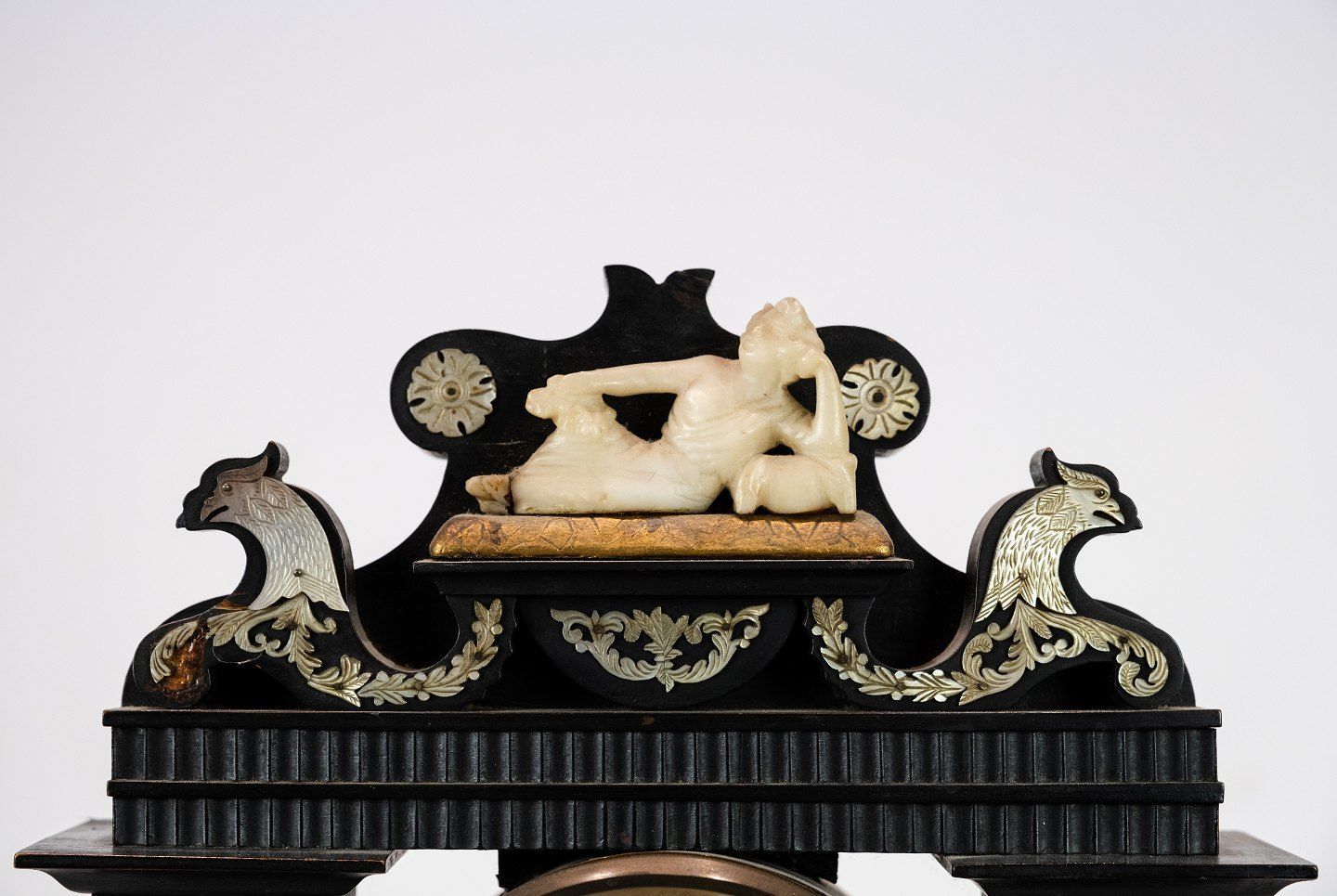 French Clock Of Marble And Bronze, And Decorated With Ornaments Of Mother Of Pearl From The 1840s. photo for sale