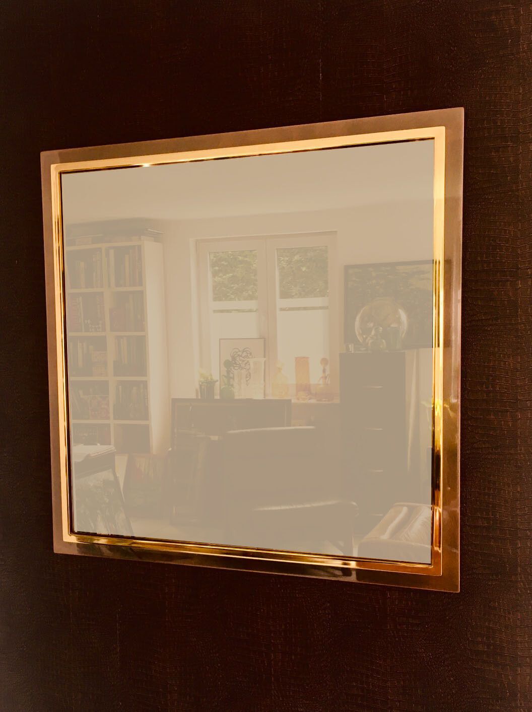 Postmodern Design Xl Vierkante Bronzen Spiegel Van Belgo Chrom, België, Jaren 1980