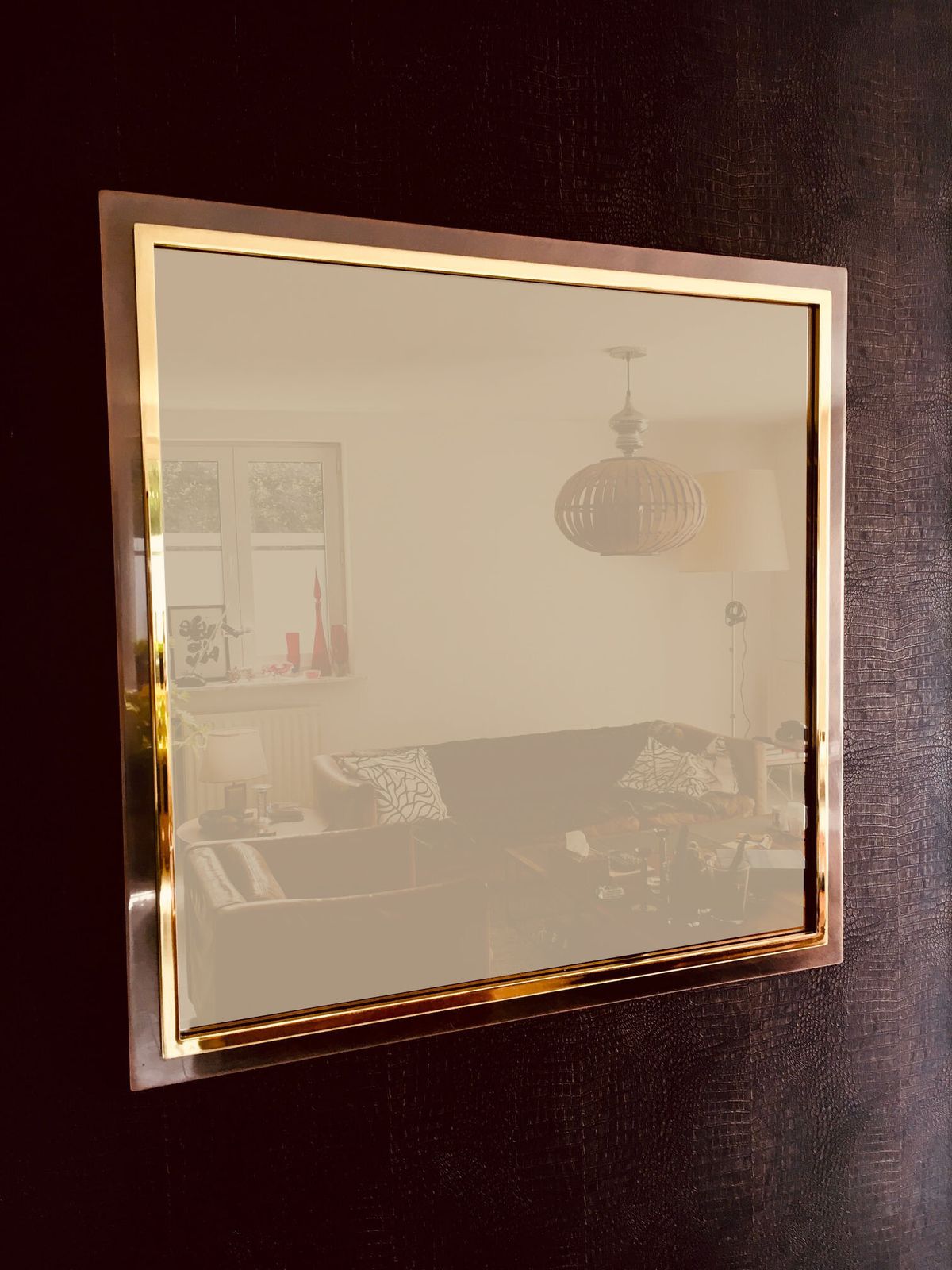 Postmodern Design Xl Vierkante Bronzen Spiegel Van Belgo Chrom, België, Jaren 1980 photo for sale