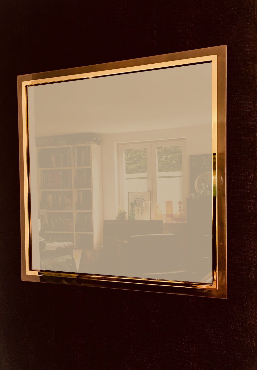 photo vinterior Postmodern Design Xl Vierkante Bronzen Spiegel Van Belgo Chrom, België, Jaren 1980