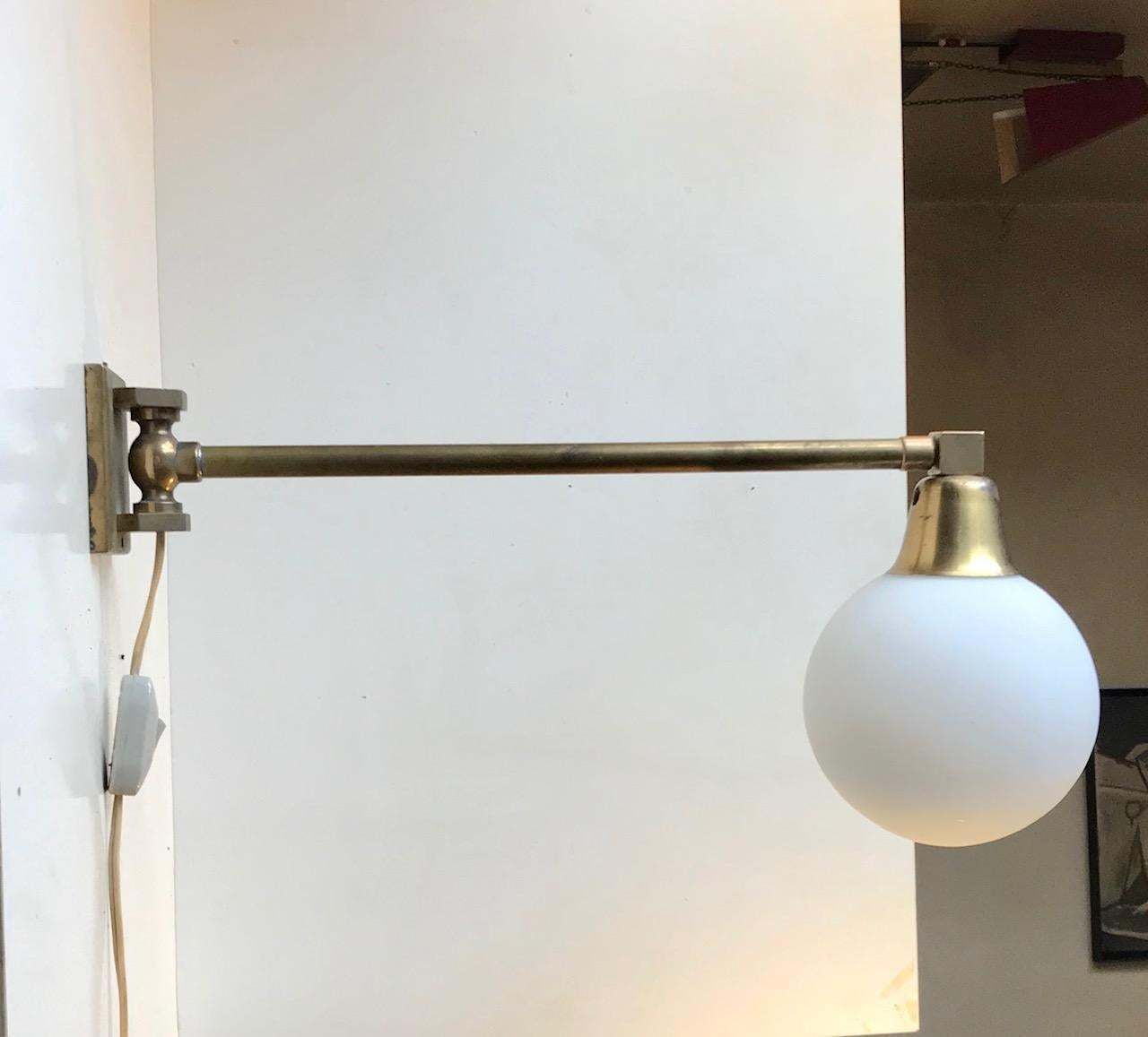 Scandinavian Modern Brass Swing Arm Wall Sconce With Opaline Sphere, 1960s photo furniture