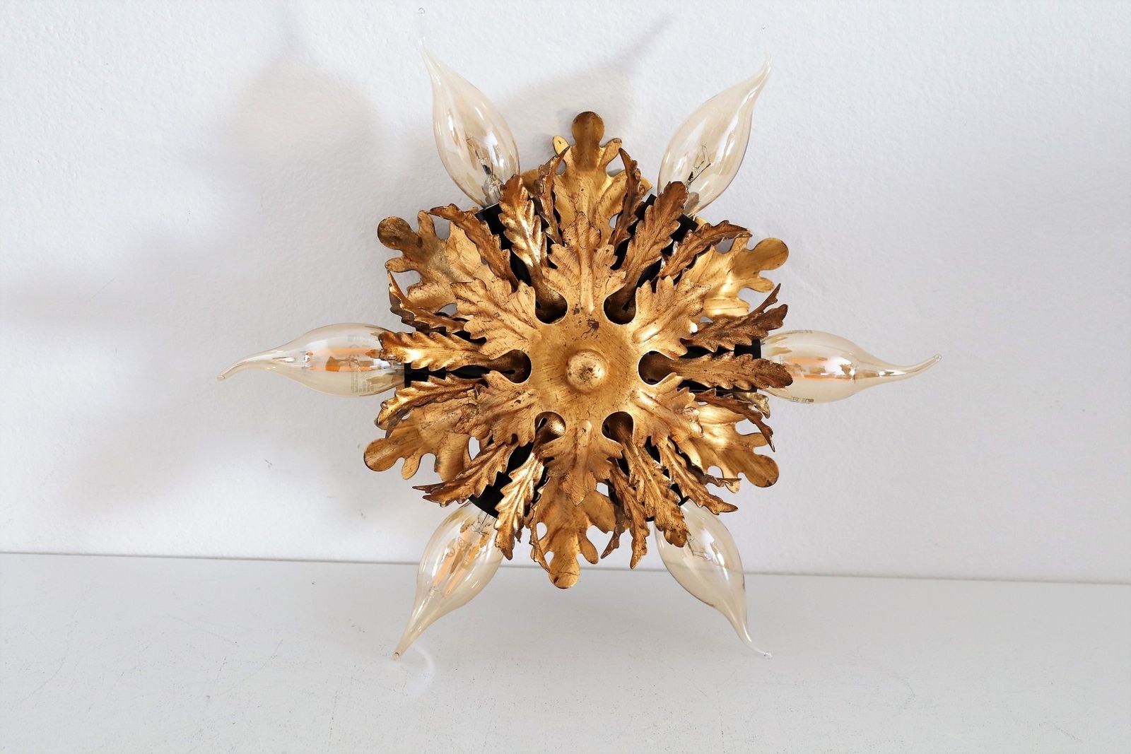 photo buy Italian Mid Century Flush Mount Light Or Ceiling Lamp In Metal With Gilt Leaves For 6 Light Bulbs By Banci Florence, 1970s