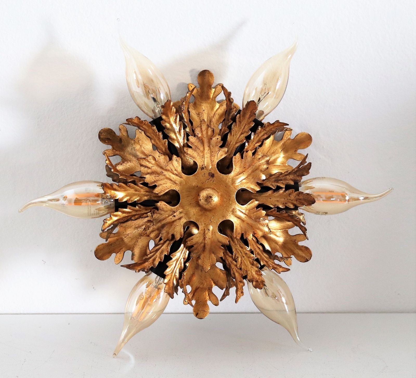 photo furniture Italian Mid Century Flush Mount Light Or Ceiling Lamp In Metal With Gilt Leaves For 6 Light Bulbs By Banci Florence, 1970s