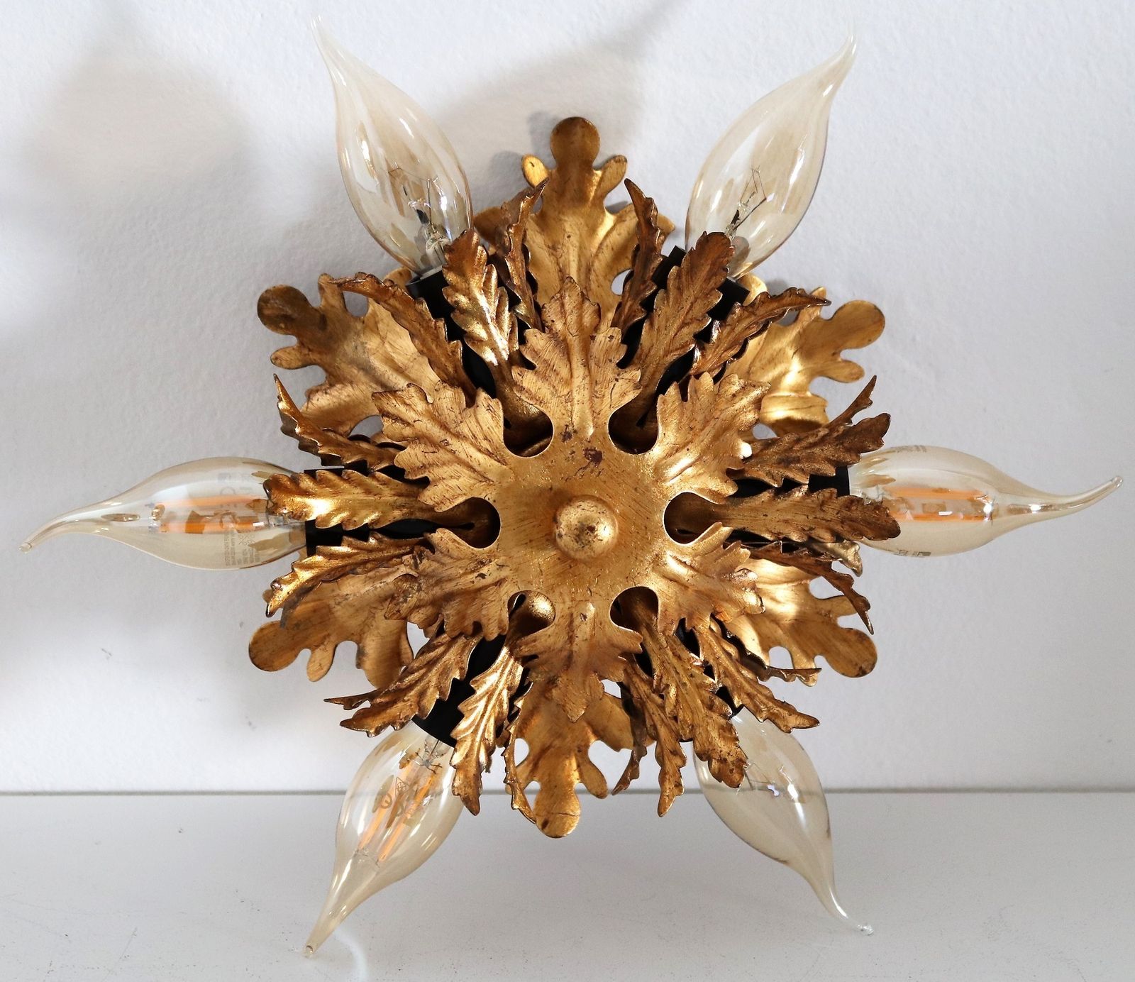 photo for sale Italian Mid Century Flush Mount Light Or Ceiling Lamp In Metal With Gilt Leaves For 6 Light Bulbs By Banci Florence, 1970s