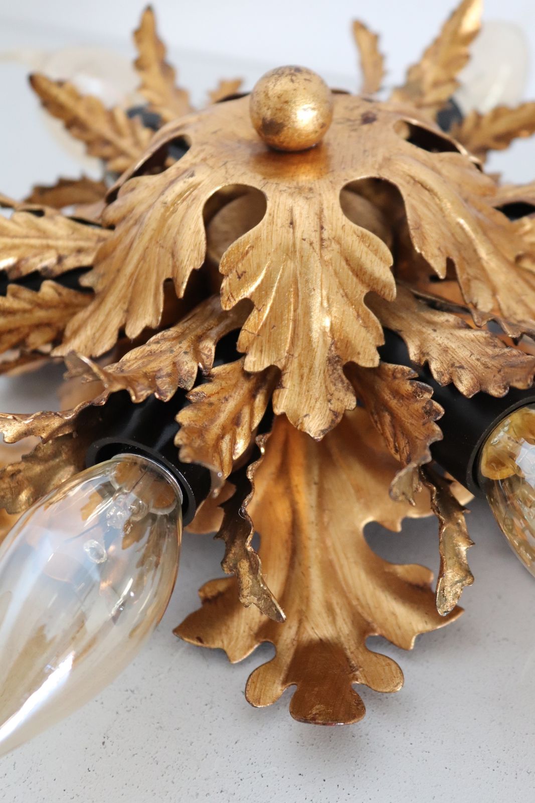 photo vinterior Italian Mid Century Flush Mount Light Or Ceiling Lamp In Metal With Gilt Leaves For 6 Light Bulbs By Banci Florence, 1970s