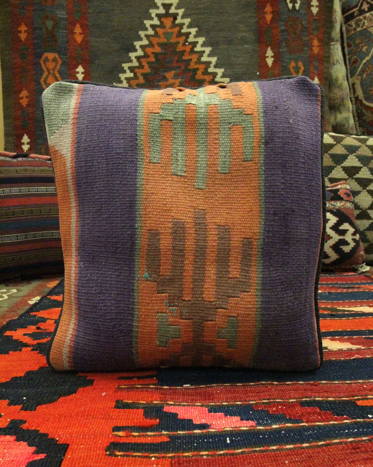 Tribal Wool Kilim Scatter Cushion Handmade Orange Purple Pillow Cover  37x40cm