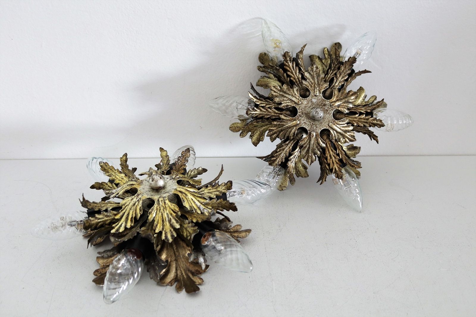 Italian Mid Century Flush Mount Light Or Ceiling Lamp In Metal With Gilt Leaves For 6 Light Bulbs By Banci Florence, 1970s, Set Of 2