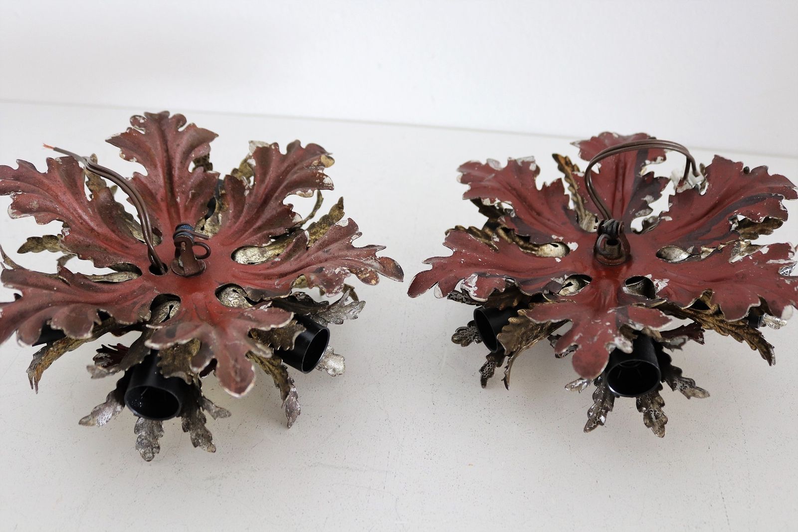 Italian Mid Century Flush Mount Light Or Ceiling Lamp In Metal With Gilt Leaves For 6 Light Bulbs By Banci Florence, 1970s, Set Of 2 photo buy