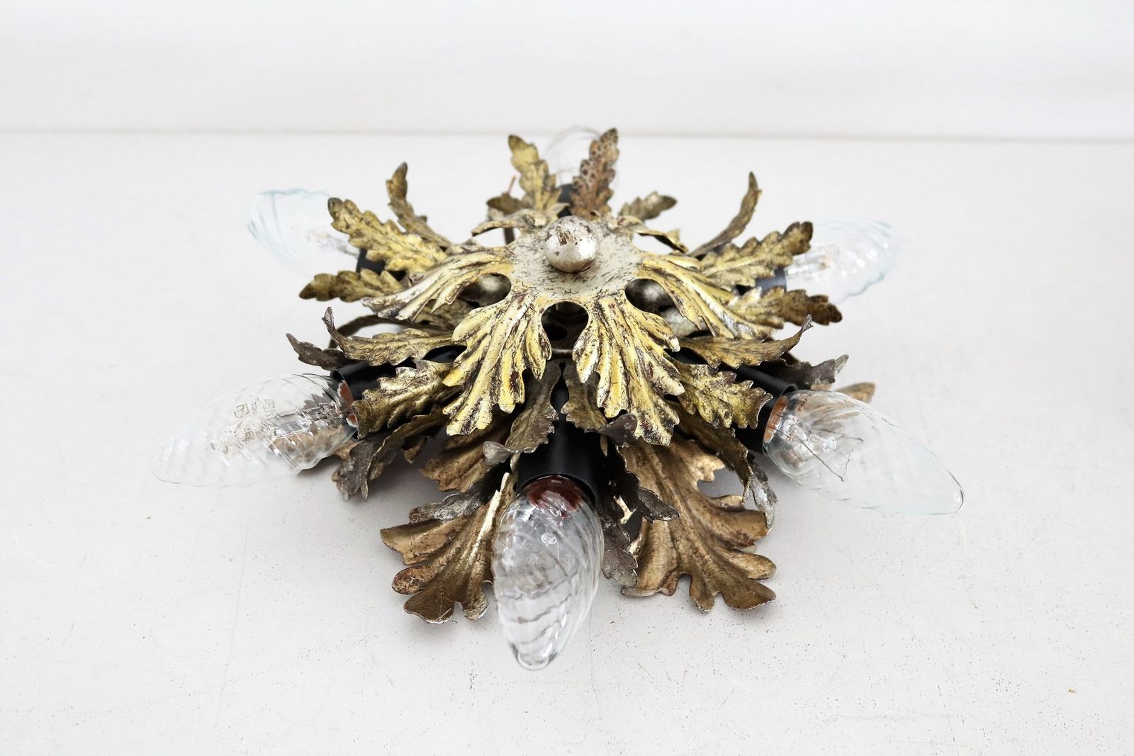Lighting Italian Mid Century Flush Mount Light Or Ceiling Lamp In Metal With Gilt Leaves For 6 Light Bulbs By Banci Florence, 1970s, Set Of 2 photo