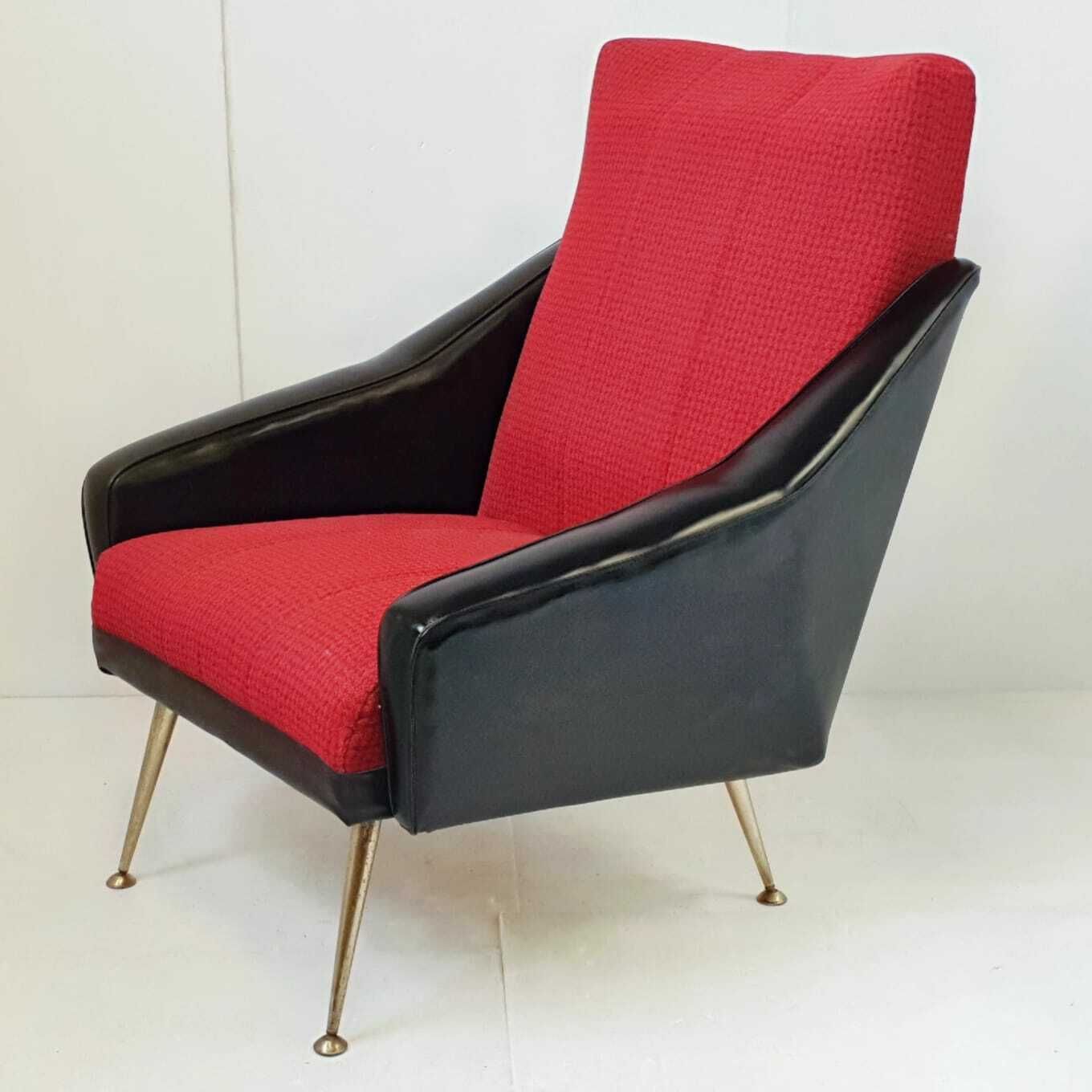 1950 1960 Armchair In Black Skai & Red Wool And Golden Brass