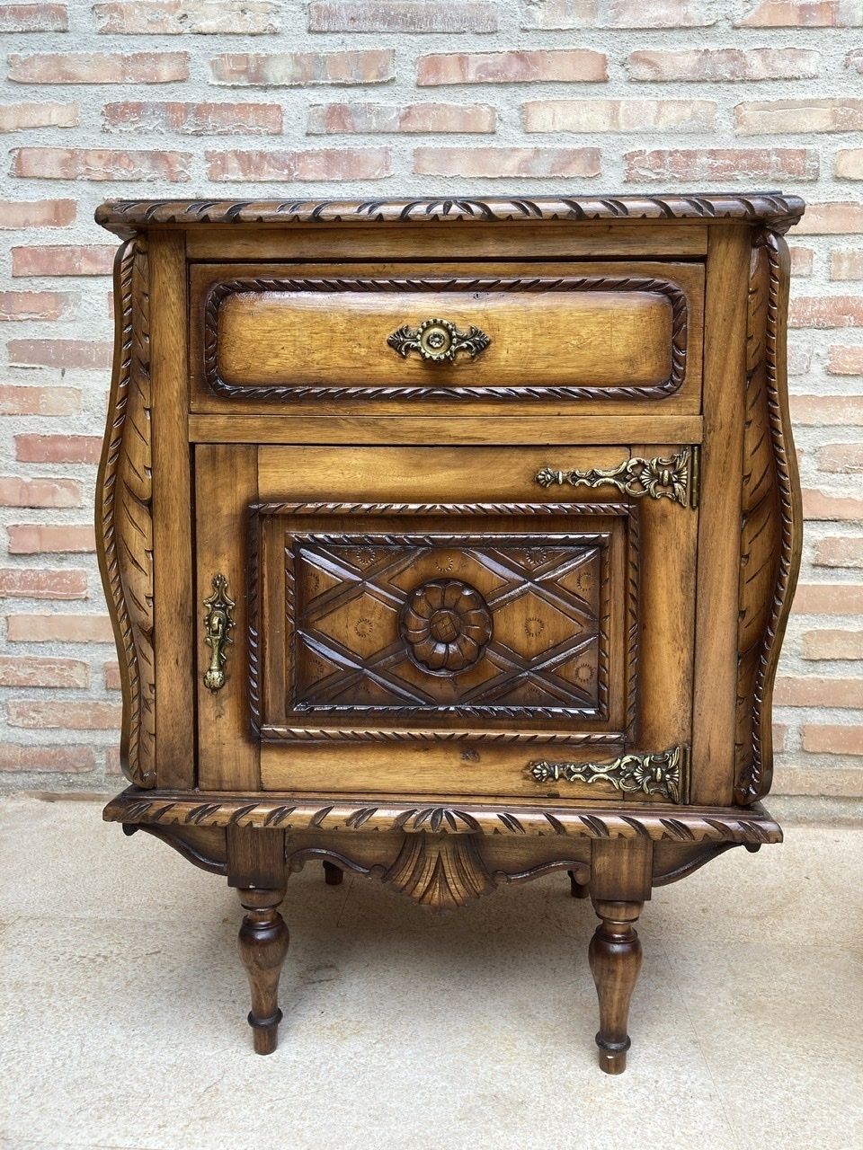 Pair Of Early Century Carved Oak Nightstand, 1940s photo vinterior