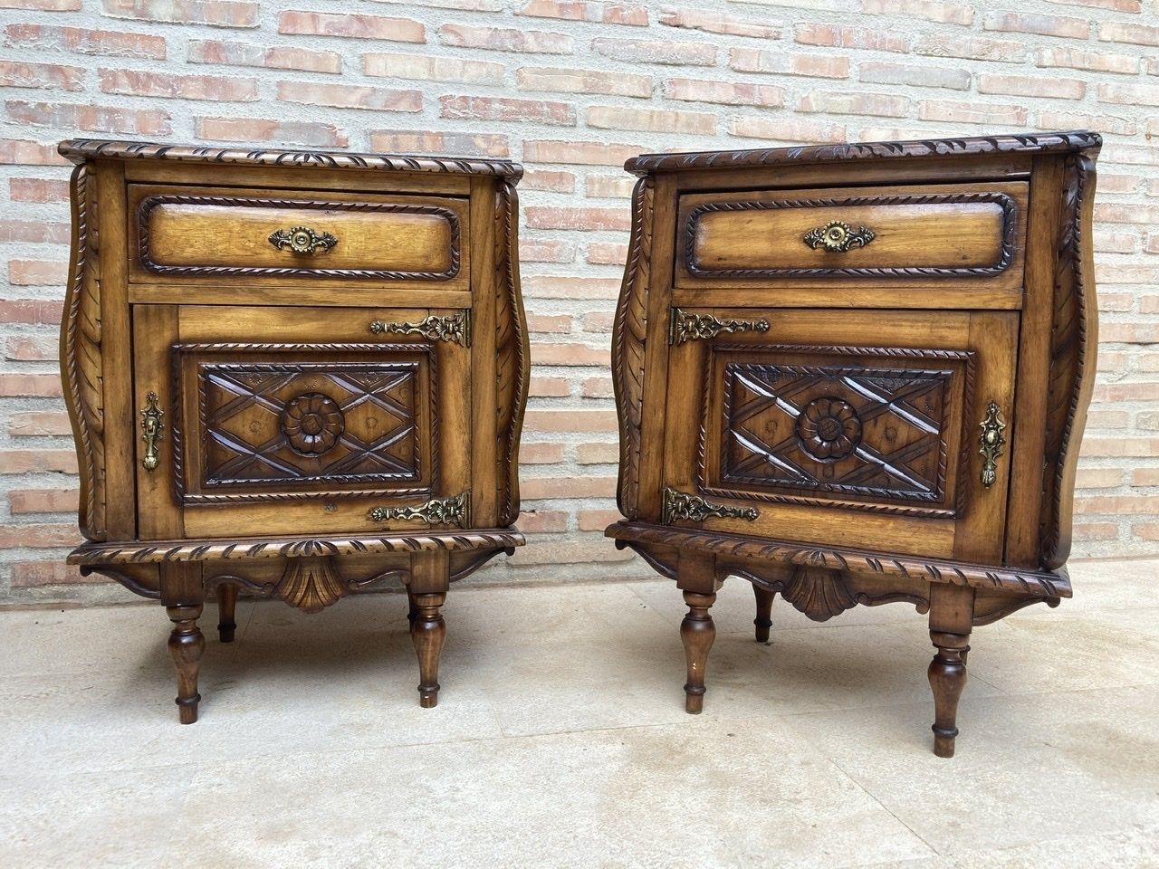 Pair Of Early Century Carved Oak Nightstand, 1940s