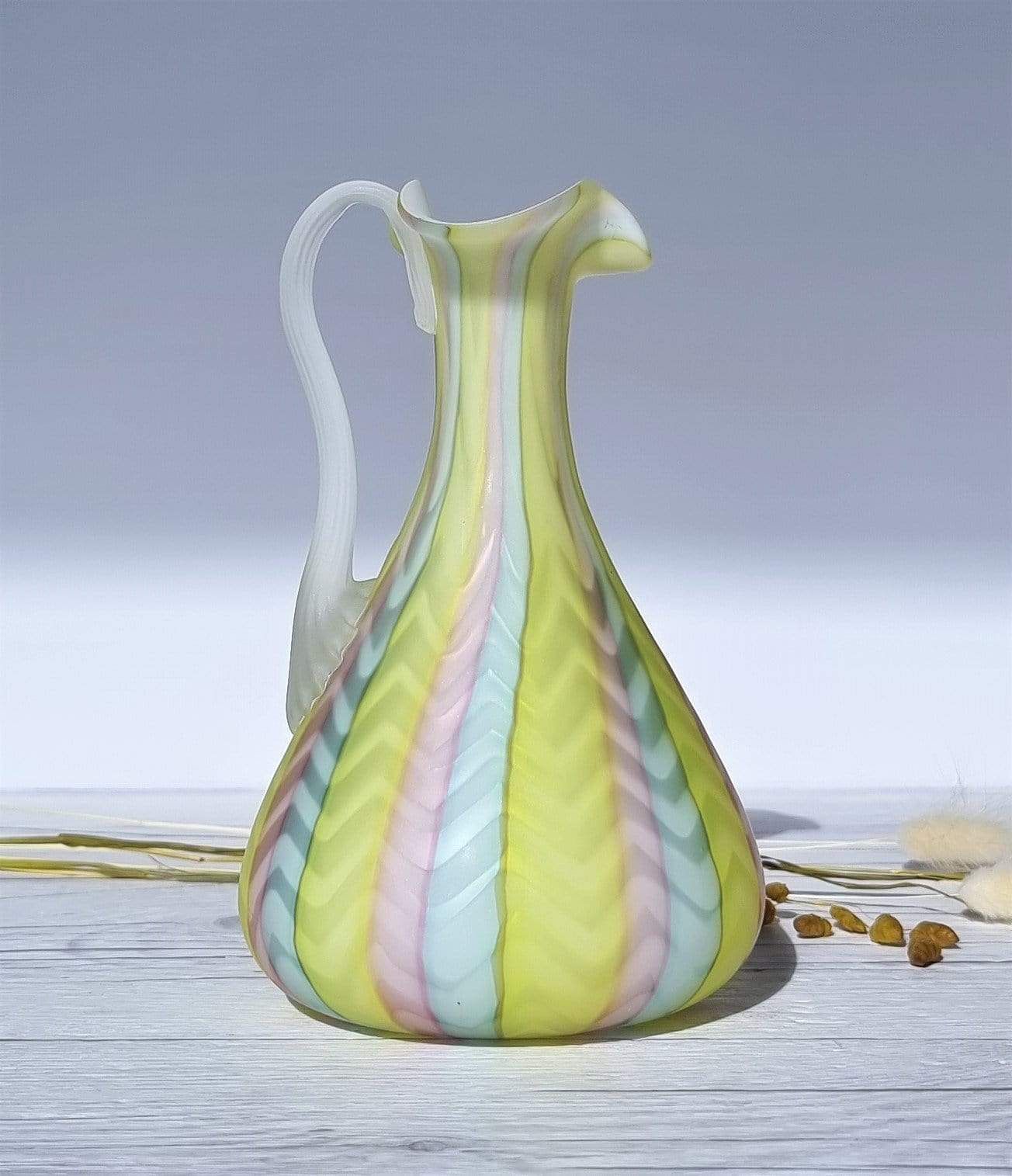 Murano Mother Of Pearl Satin In Pastel Rainbow, Herringbone Pattern Jug Vase, 1960 70s, Rare photo for sale