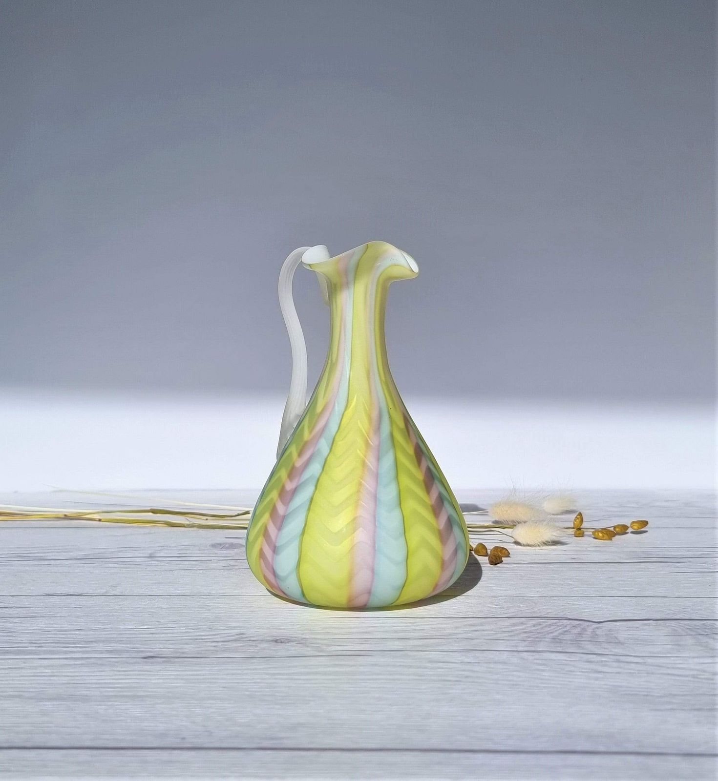 Murano Mother Of Pearl Satin In Pastel Rainbow, Herringbone Pattern Jug Vase, 1960 70s, Rare photo Home Decor