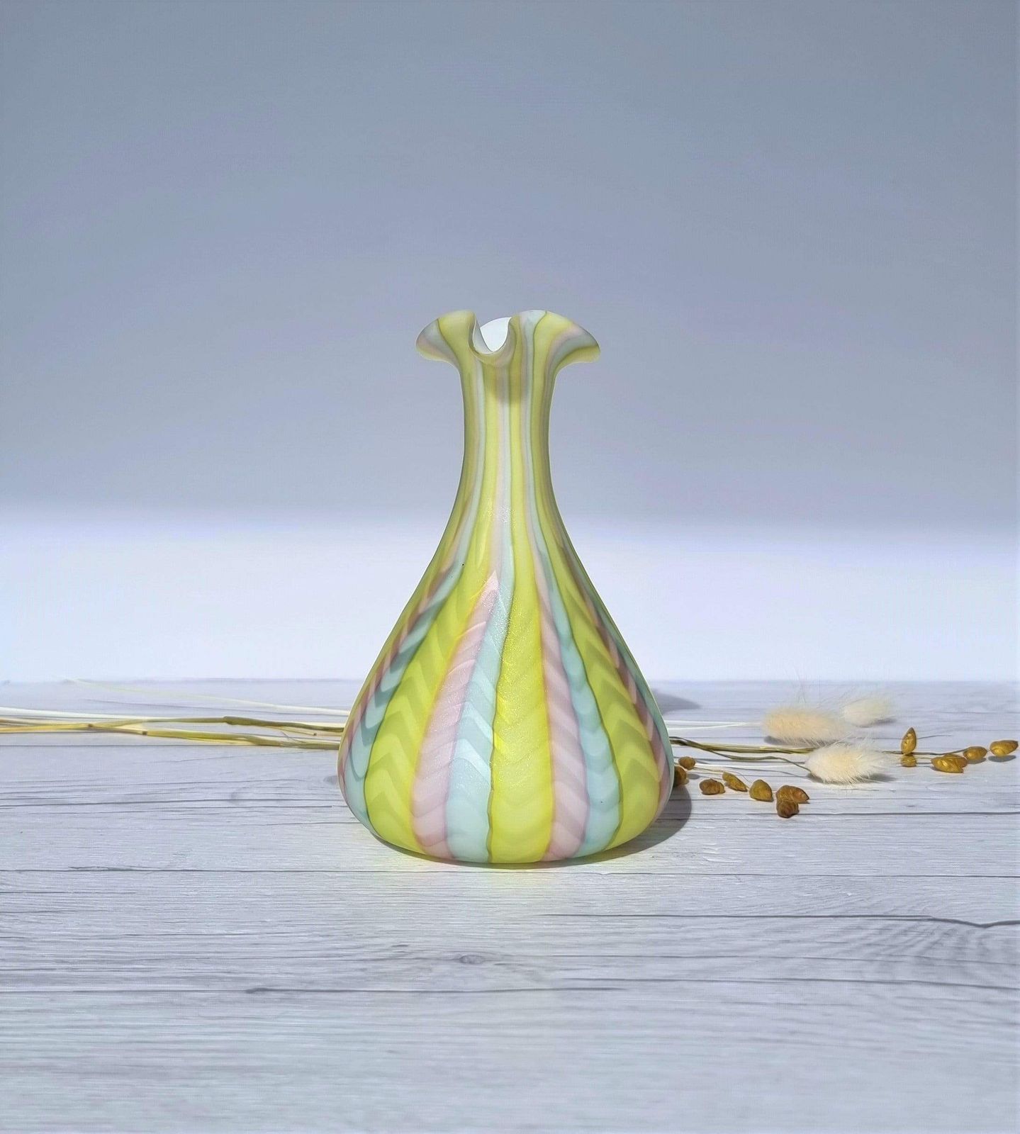 Murano Mother Of Pearl Satin In Pastel Rainbow, Herringbone Pattern Jug Vase, 1960 70s, Rare photo 268.0