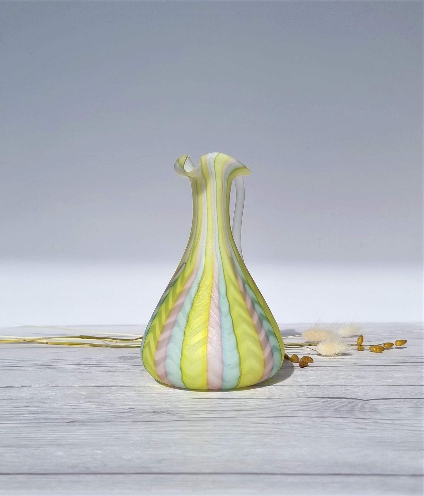 Murano Mother Of Pearl Satin In Pastel Rainbow, Herringbone Pattern Jug Vase, 1960 70s, Rare photo vinterior