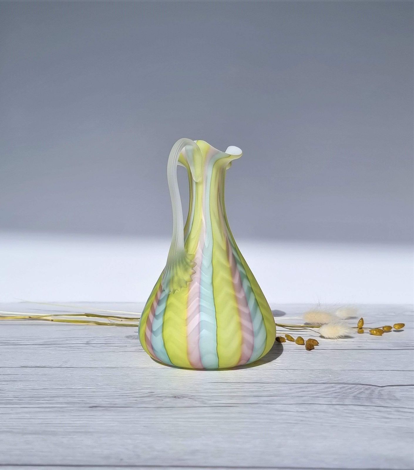 photo furniture Murano Mother Of Pearl Satin In Pastel Rainbow, Herringbone Pattern Jug Vase, 1960 70s, Rare