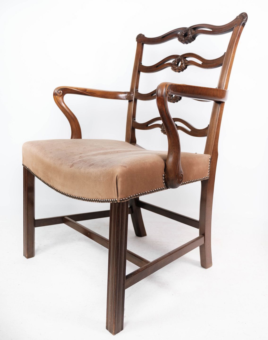 Antique Armchair Made Of Mahogany And Upholstered With Light Fabric From 1880s.