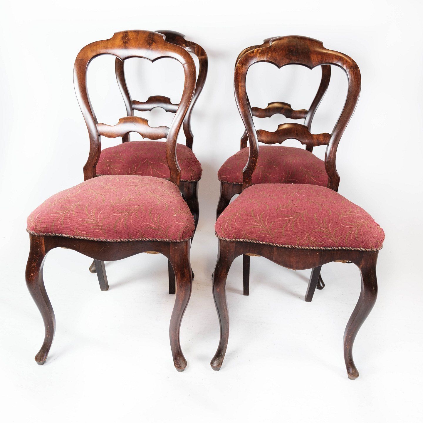 Set Of Four Mahogany Dining Chairs And Upholstered In Red Fabric From The 1860s. photo furniture