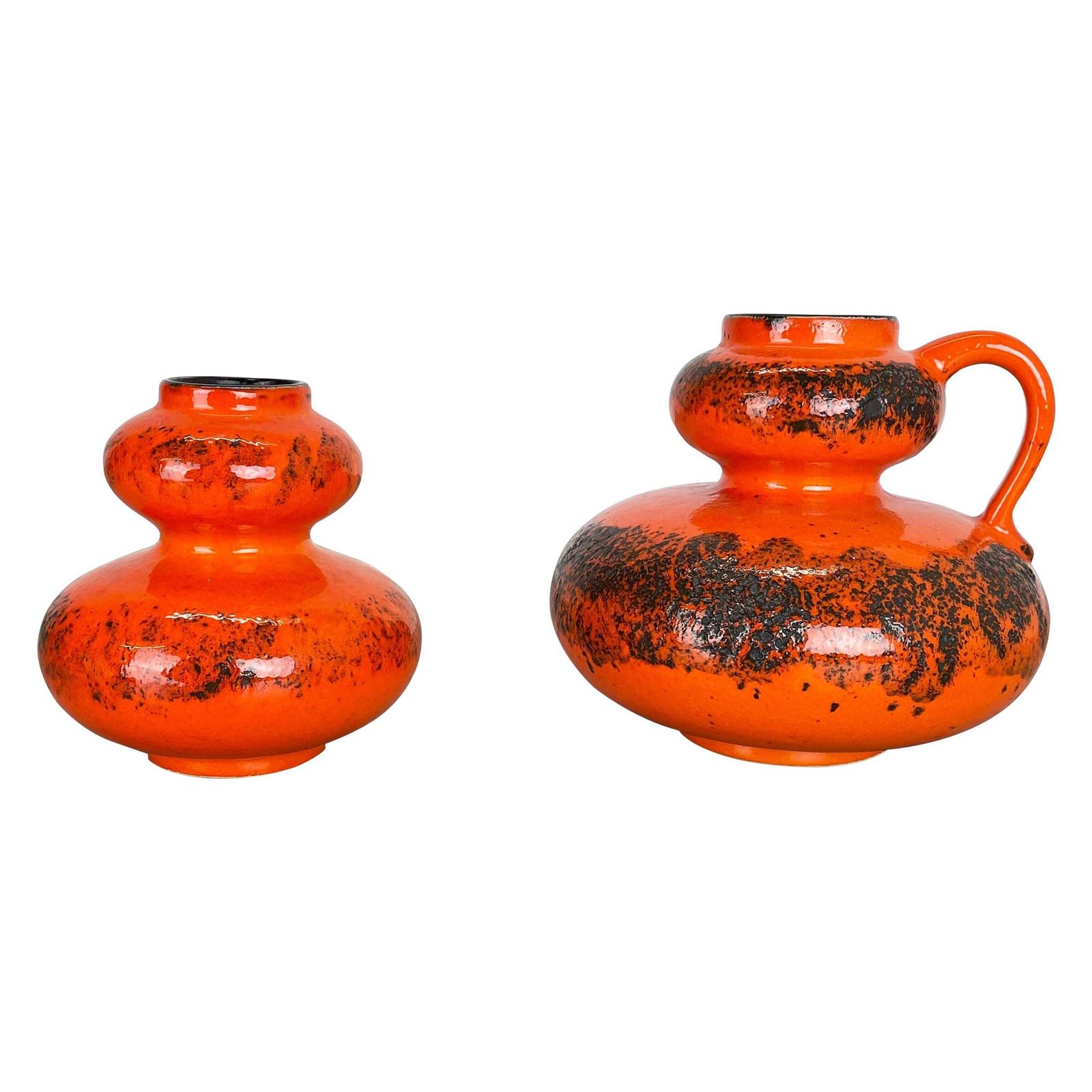 Set Of Two Pottery Fat Lava Vases "Orange" Made By Spara Ceramic, Germany 1970s