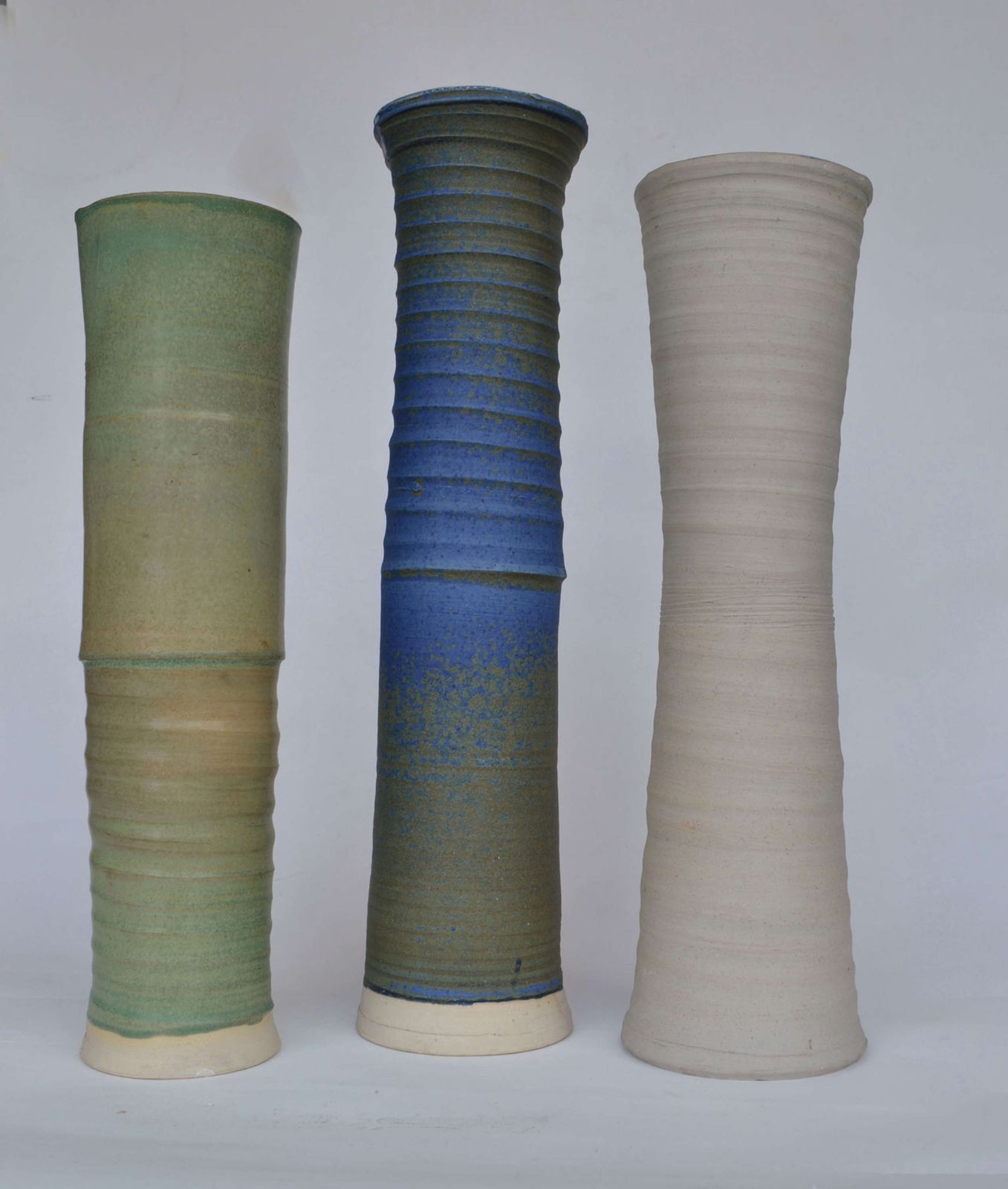 Three Large Studio Pottery Vessels In Blue, Green & Sand photo Home Decor