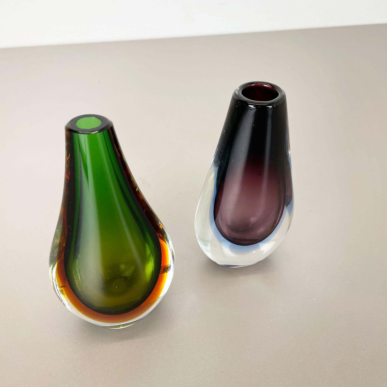 Rare Set Of 2 Organic Multicolor Murano Glass Sommerso Vases, Italy, 1970s photo Home Decor