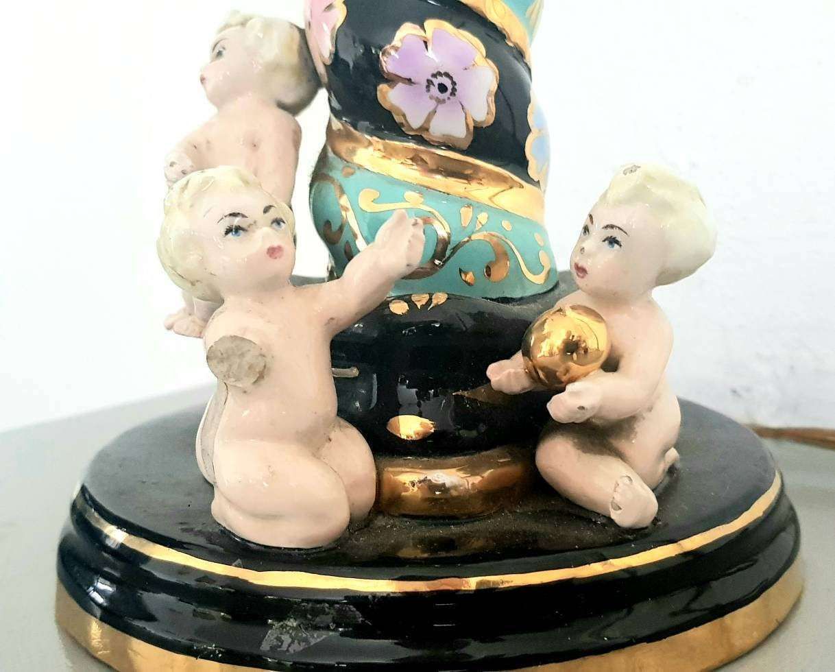 Italian Liani Hand Painted Porcelain Barley Twist Porcelain Table Lamp Base With 3 Cherubs From 1950 photo furniture
