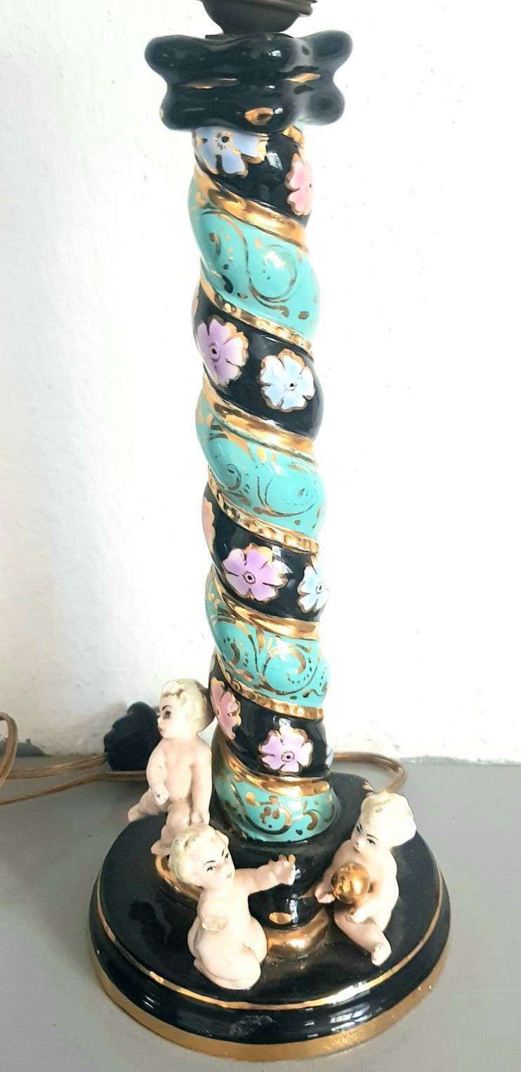 Italian Liani Hand Painted Porcelain Barley Twist Porcelain Table Lamp Base With 3 Cherubs From 1950 photo 75.0