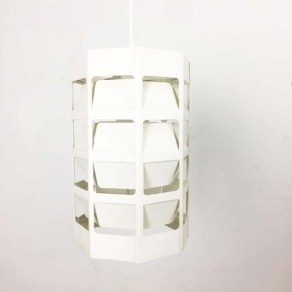 Scandinavian Cubic White Metal Hanging Lamp "Lyskurv" By Louis Poulsen, 1960s photo for sale