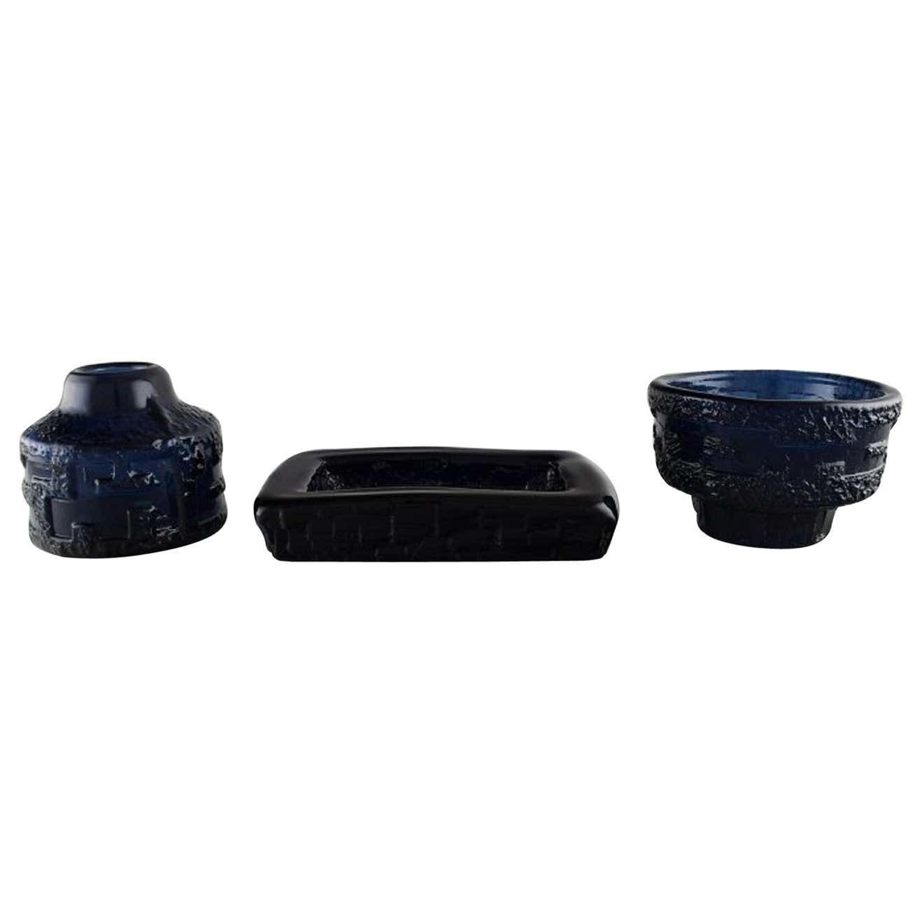Göte Augustsson For Ruda, Vase And Two Bowls In Blue Art Glass