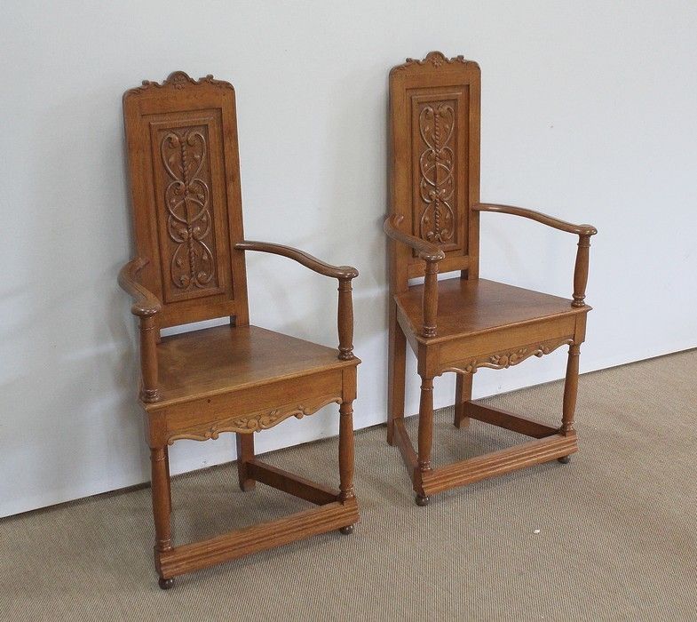 Pair Of Armchairs Known As 'Caquetoires' In Blond Oak, Renaissance Style   Late 19th Century photo furniture
