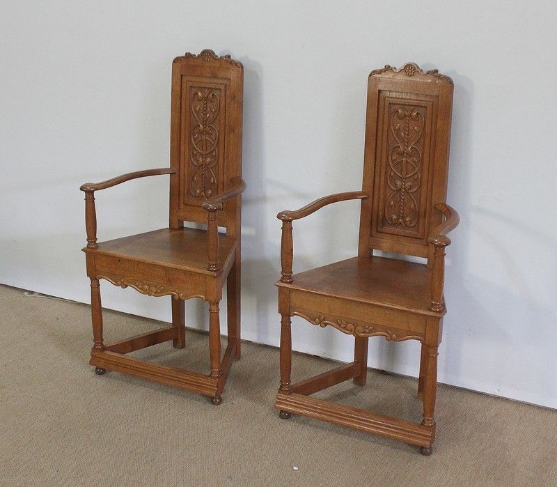 Pair Of Armchairs Known As 'Caquetoires' In Blond Oak, Renaissance Style   Late 19th Century photo for sale