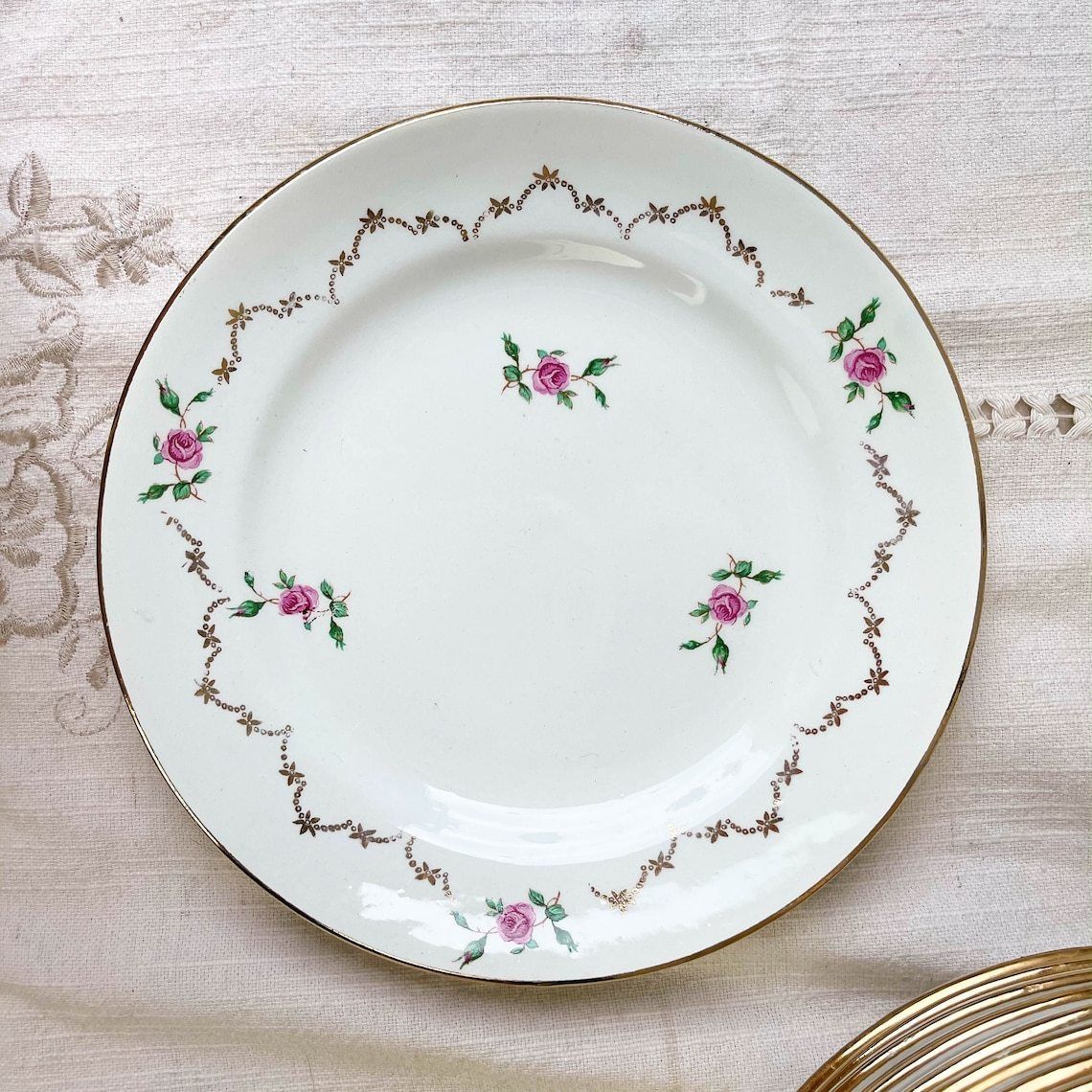 Porcelain Dessert Service L’amandinoise Made In France ~ White Porcelain Service With Small Flowers Pattern ~ Porcelain Cake Dish ~ Pie Dish photo for sale