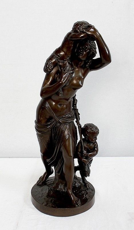 Bronze "Bacchante And Small Fauns" After Jj Foucou, 19th Century