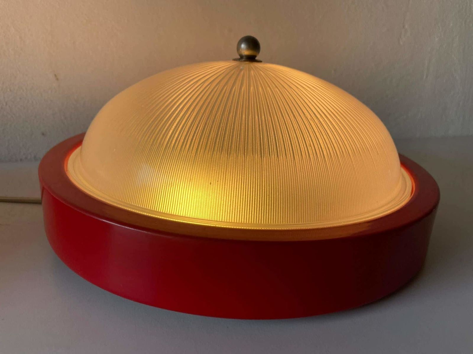 Glass And Red Metal Base Pair Of Sconces Or Ceiling Lamps By Reggiani, 1970s, Italy photo vintage