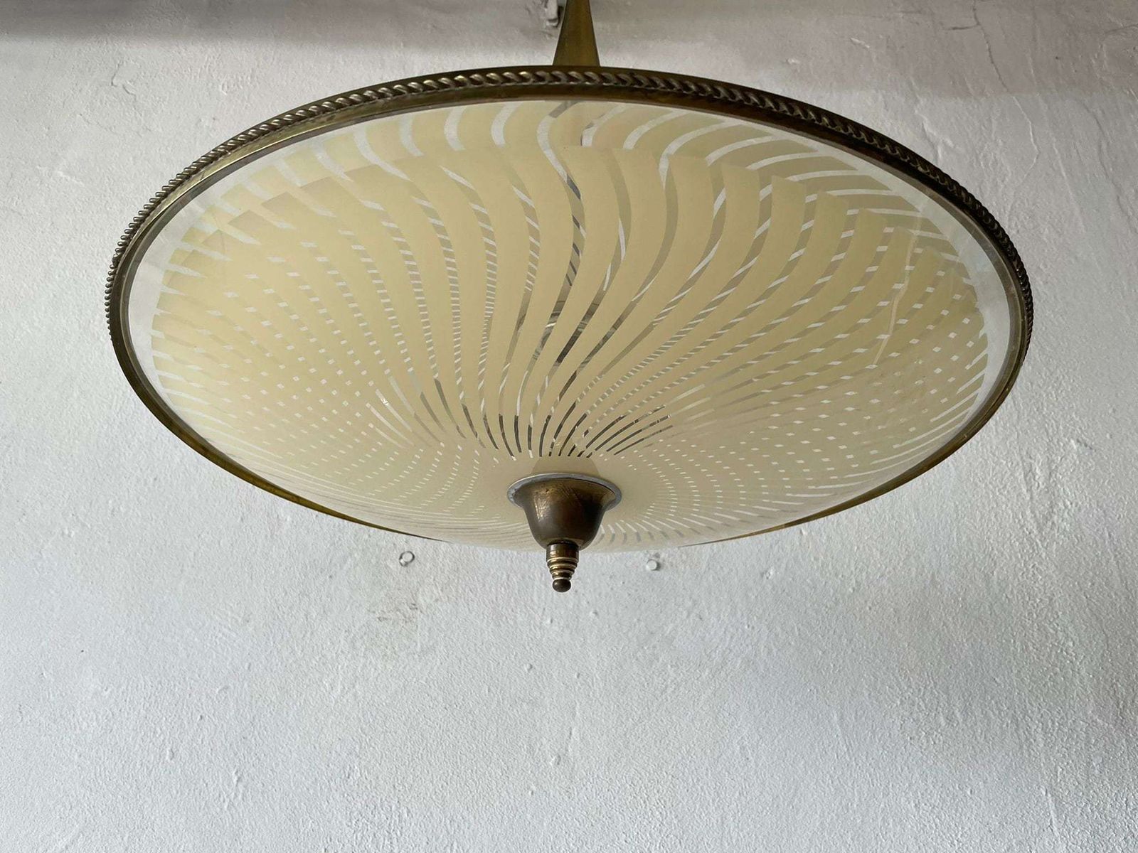 Wonderful Ufo Design Brass Body & Printed Glass Large Ceiling Lamp By Fontana Arte, 1950s, Italy photo Lighting