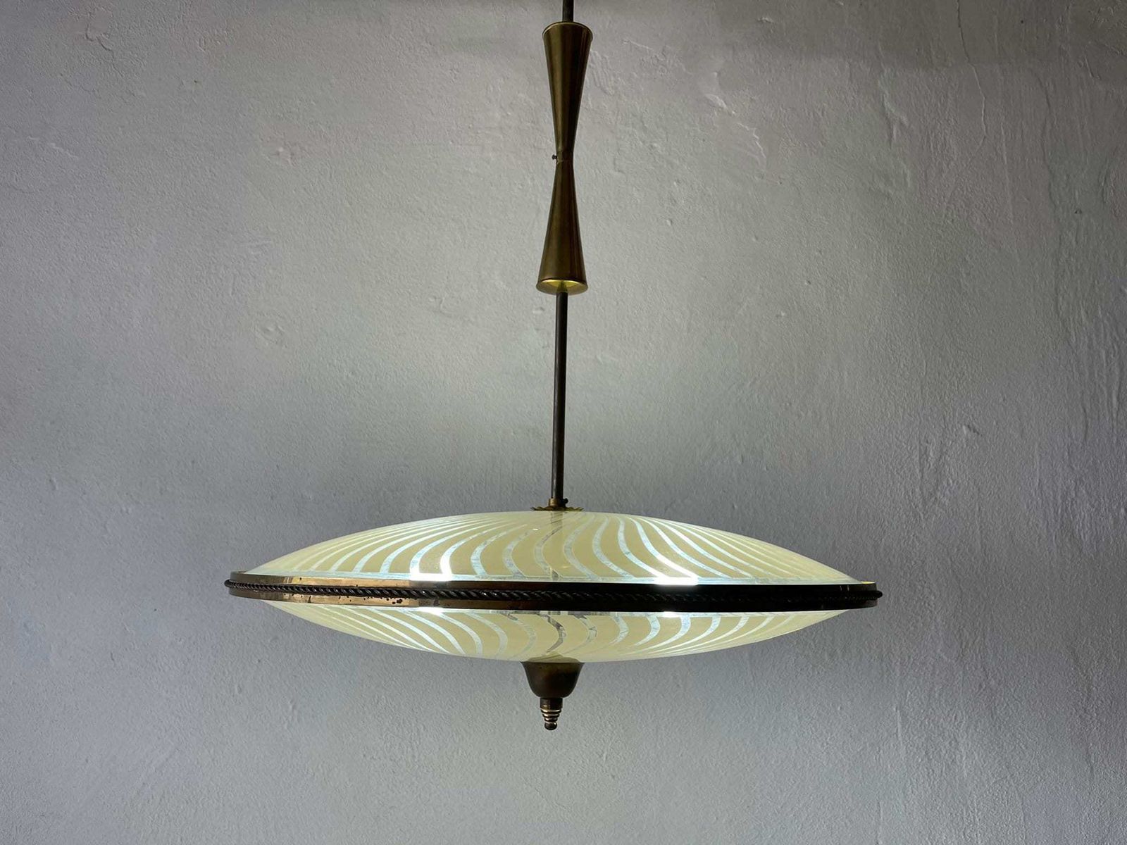 Wonderful Ufo Design Brass Body & Printed Glass Large Ceiling Lamp By Fontana Arte, 1950s, Italy photo buy
