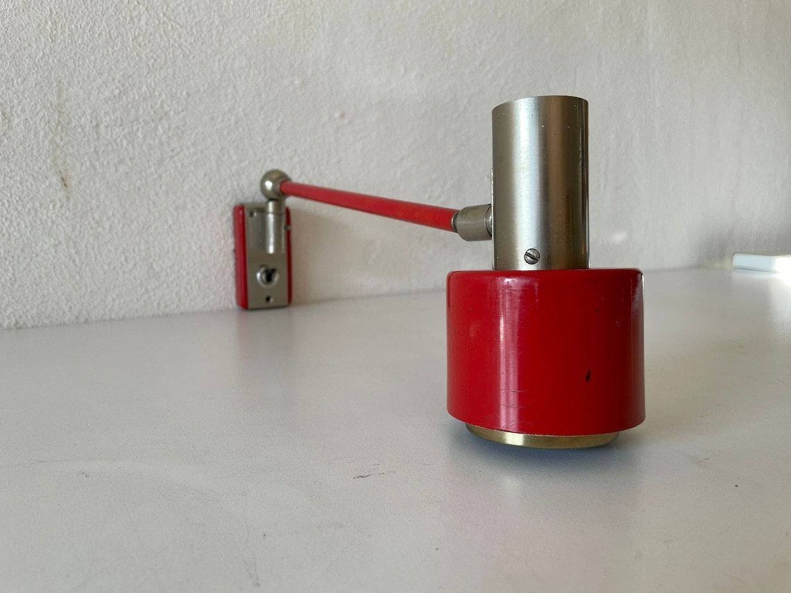 Excellent Rare Red Metalic Grey Wall Lamp   Adjustable Shade And Arm By Stilnovo, 1970s, Italy photo Lighting