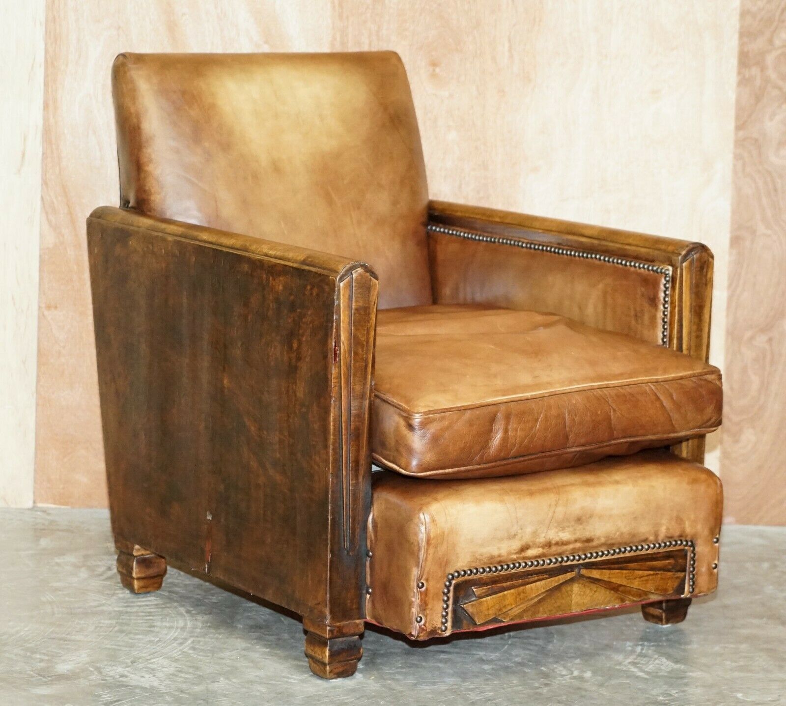 Furniture Antique Pair Of Metropolitan Art Deco 1920 Hand Dyed Brown Leather Armchairs photo