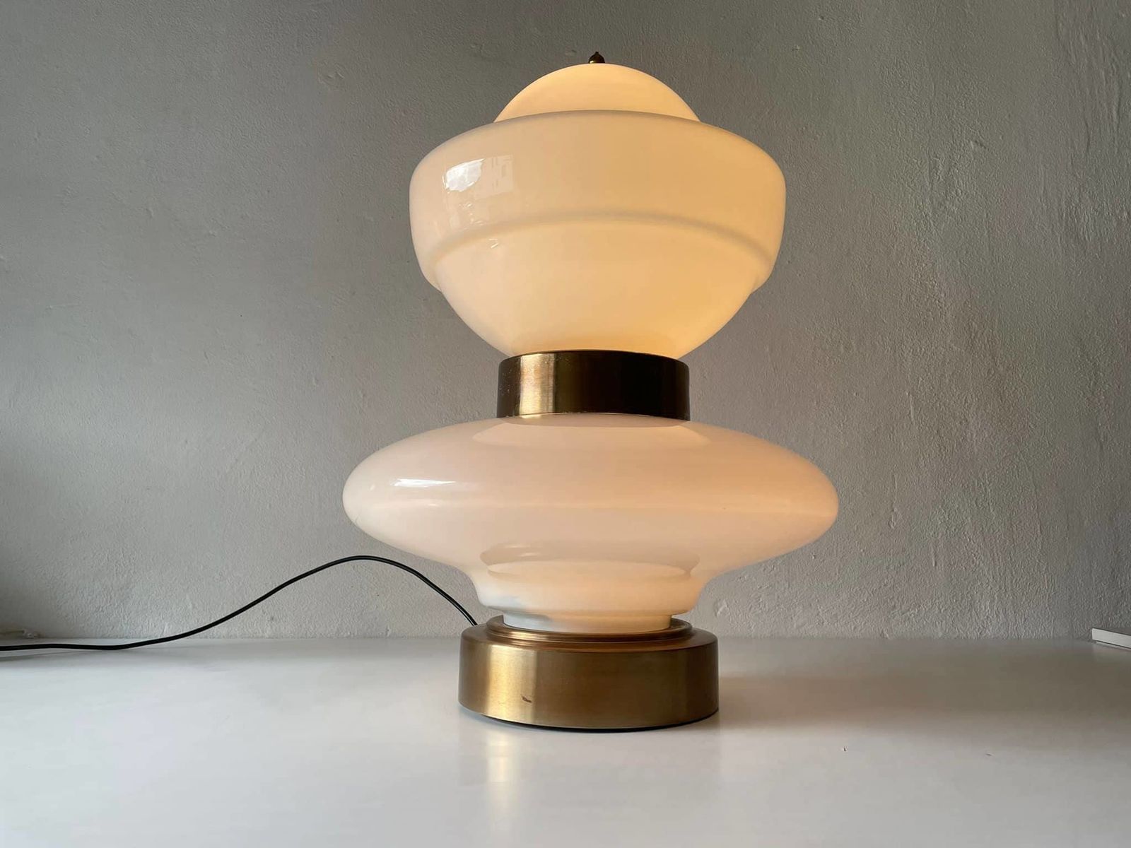 Exceptional Italian Design 2 Piece Opal Glass And Metal Body Large Table Or Floor Lamp, 1970s, Italy