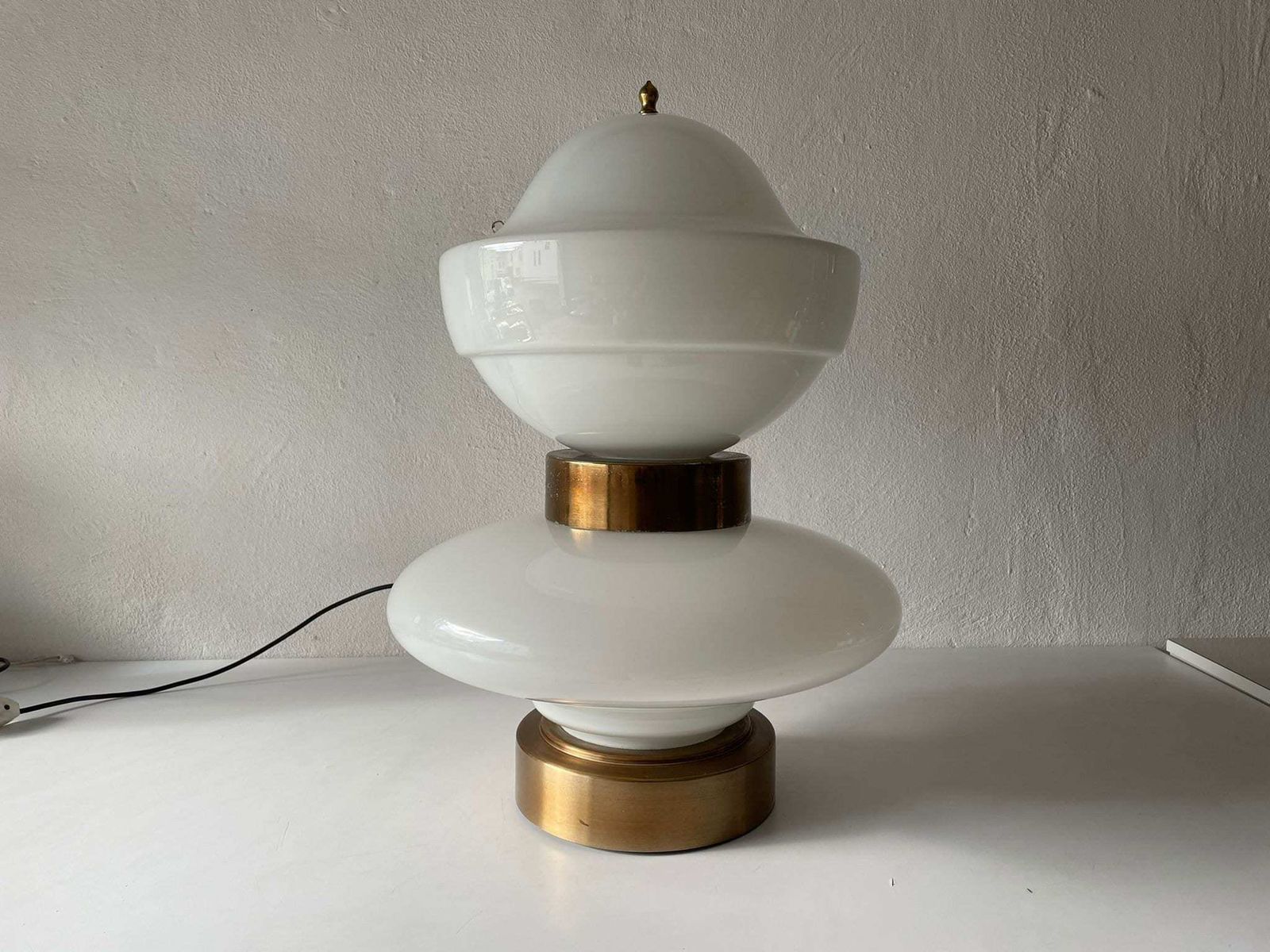 Exceptional Italian Design 2 Piece Opal Glass And Metal Body Large Table Or Floor Lamp, 1970s, Italy photo for sale