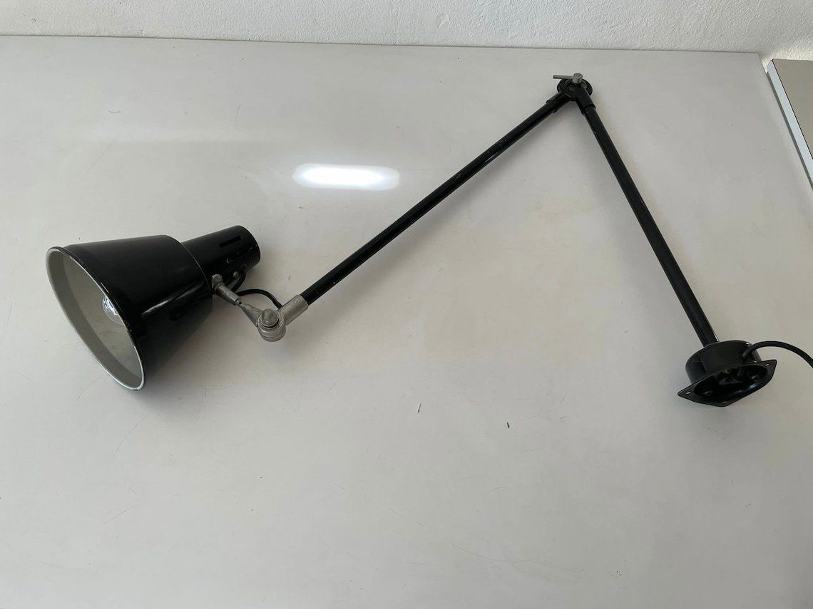 Italian Industrial Black Metal Office Wall Lamp With Adjustable Arm And Shade, Seminara Torino, 1930s, Italy photo furniture