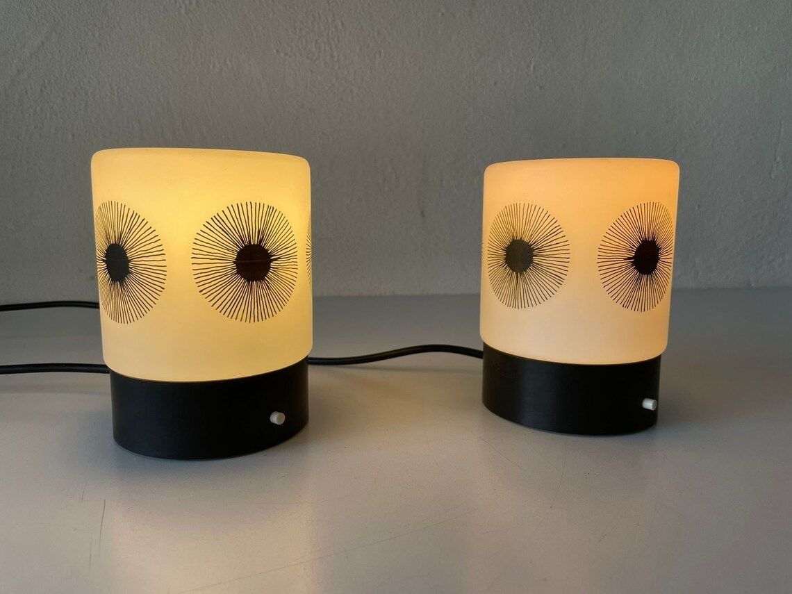 Cute Cylinder Design Retro Black White Glass And Plastic Pair Of Bedside Lamps By Erco Leuchten, 1970s, Germany photo for sale