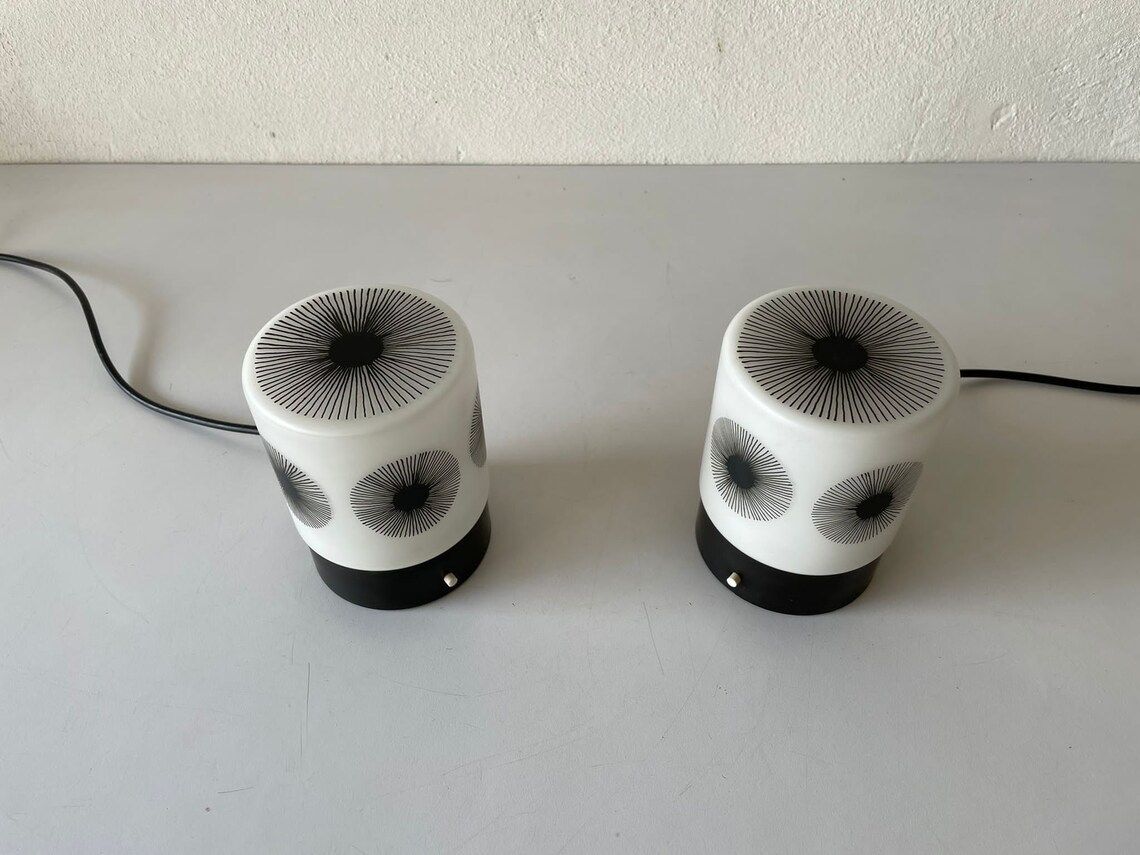 Cute Cylinder Design Retro Black White Glass And Plastic Pair Of Bedside Lamps By Erco Leuchten, 1970s, Germany photo Lighting