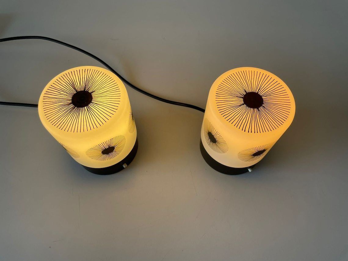 Cute Cylinder Design Retro Black White Glass And Plastic Pair Of Bedside Lamps By Erco Leuchten, 1970s, Germany photo 443.92