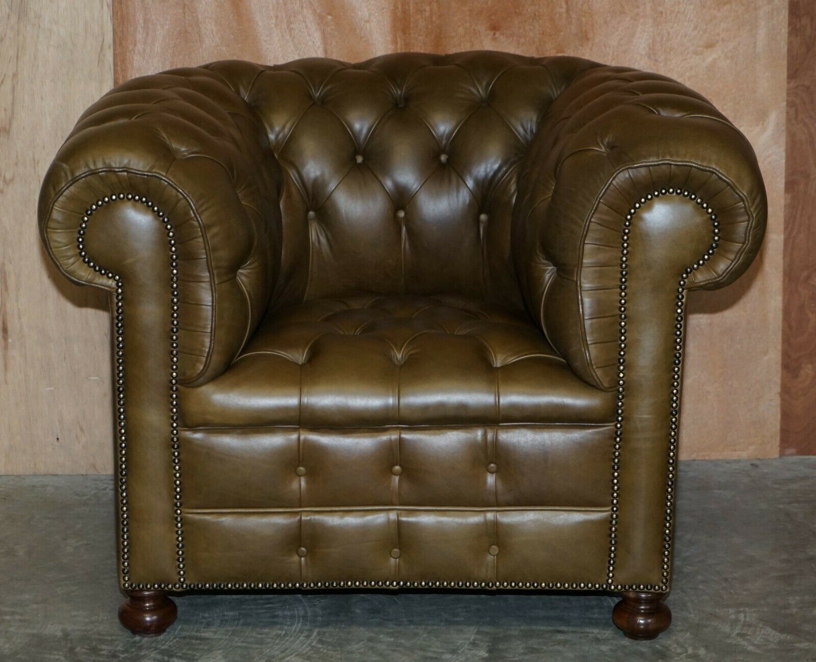 photo for sale Stunning Vintage Fully Tufted Chesterfield Olive Green Leather Sofa & Armchair