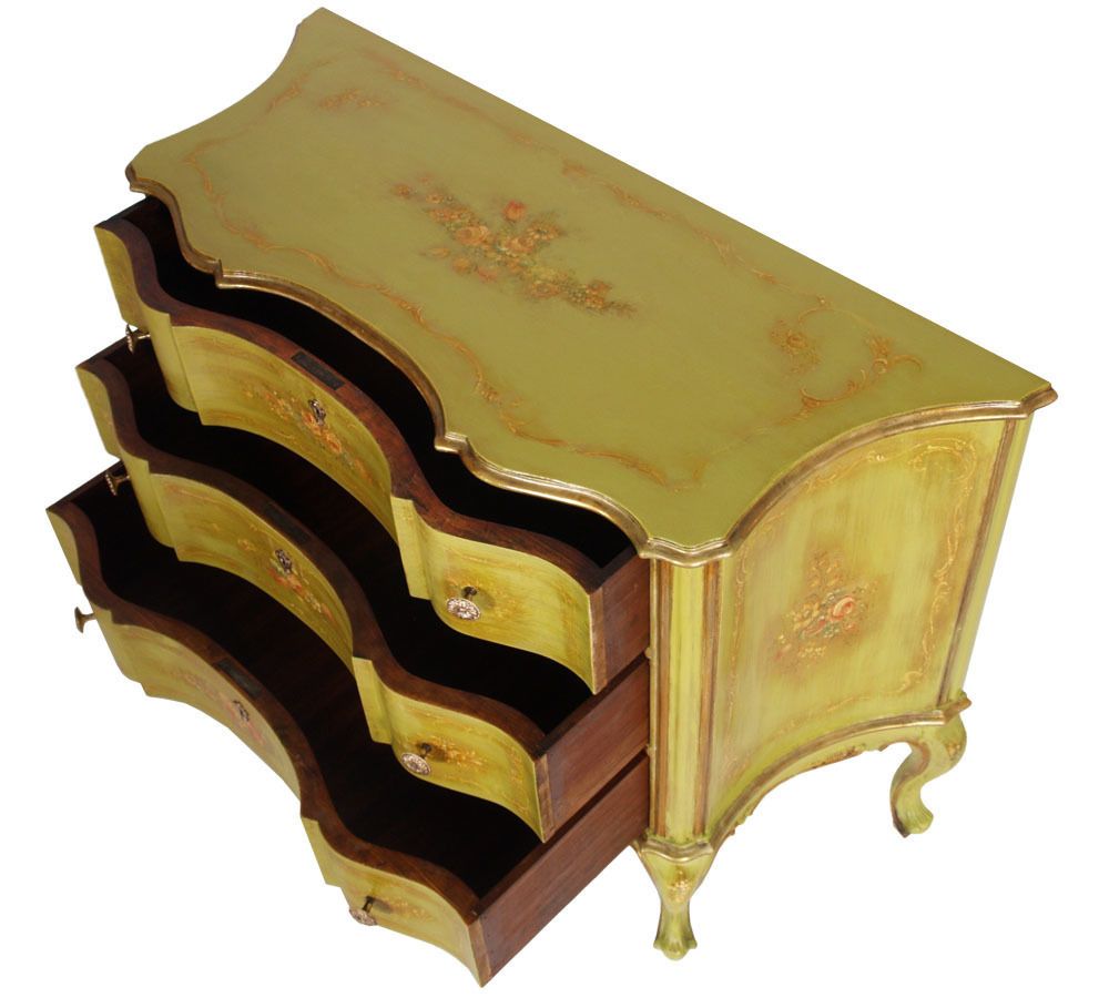 1910s, Venetian Baroque Commode, Chest Of Drawers, Hand Painted, Edges Gold Leaf photo vinterior