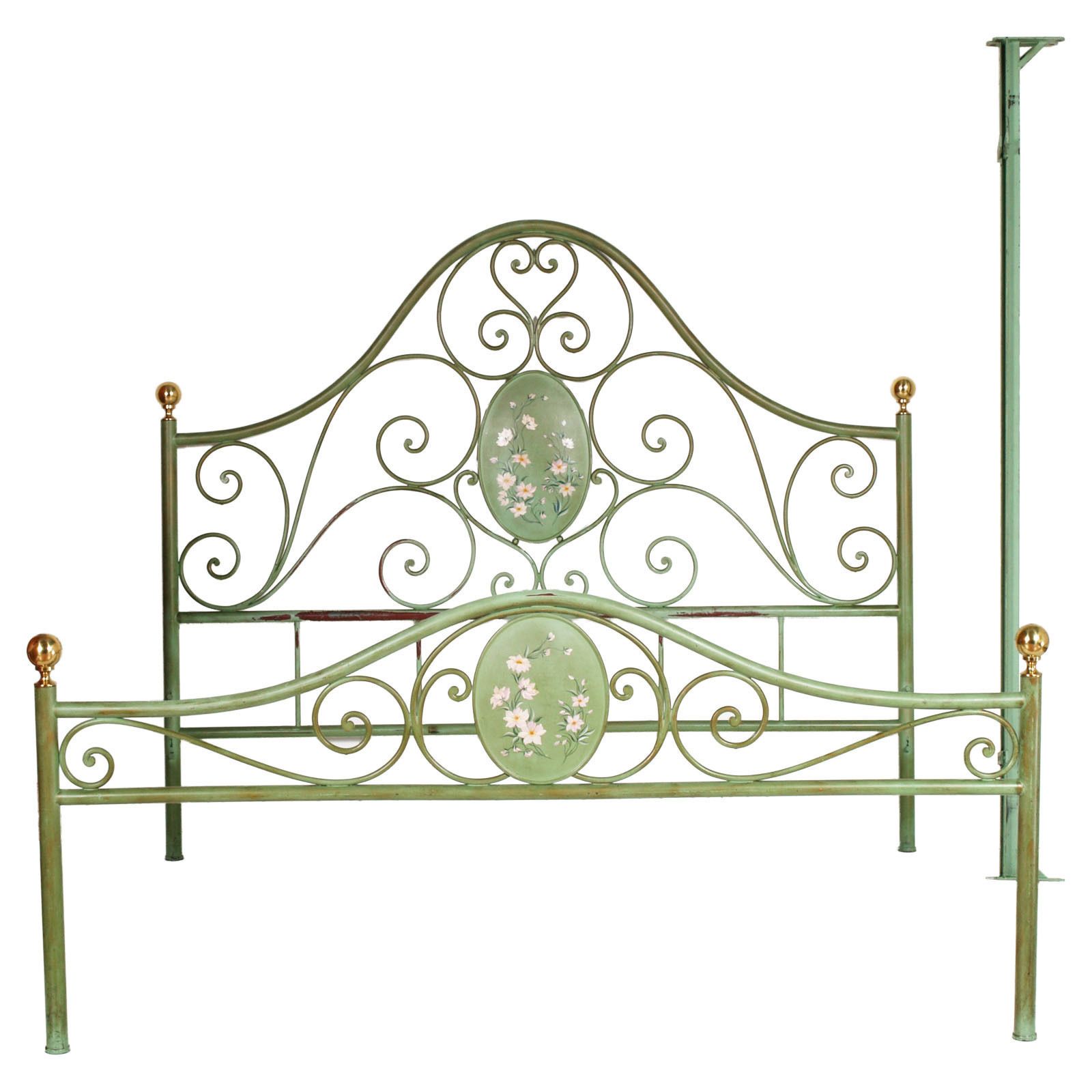 Italian Double Bed Painted Antiqued Green And Hand Decorated Iron, Golden Parts